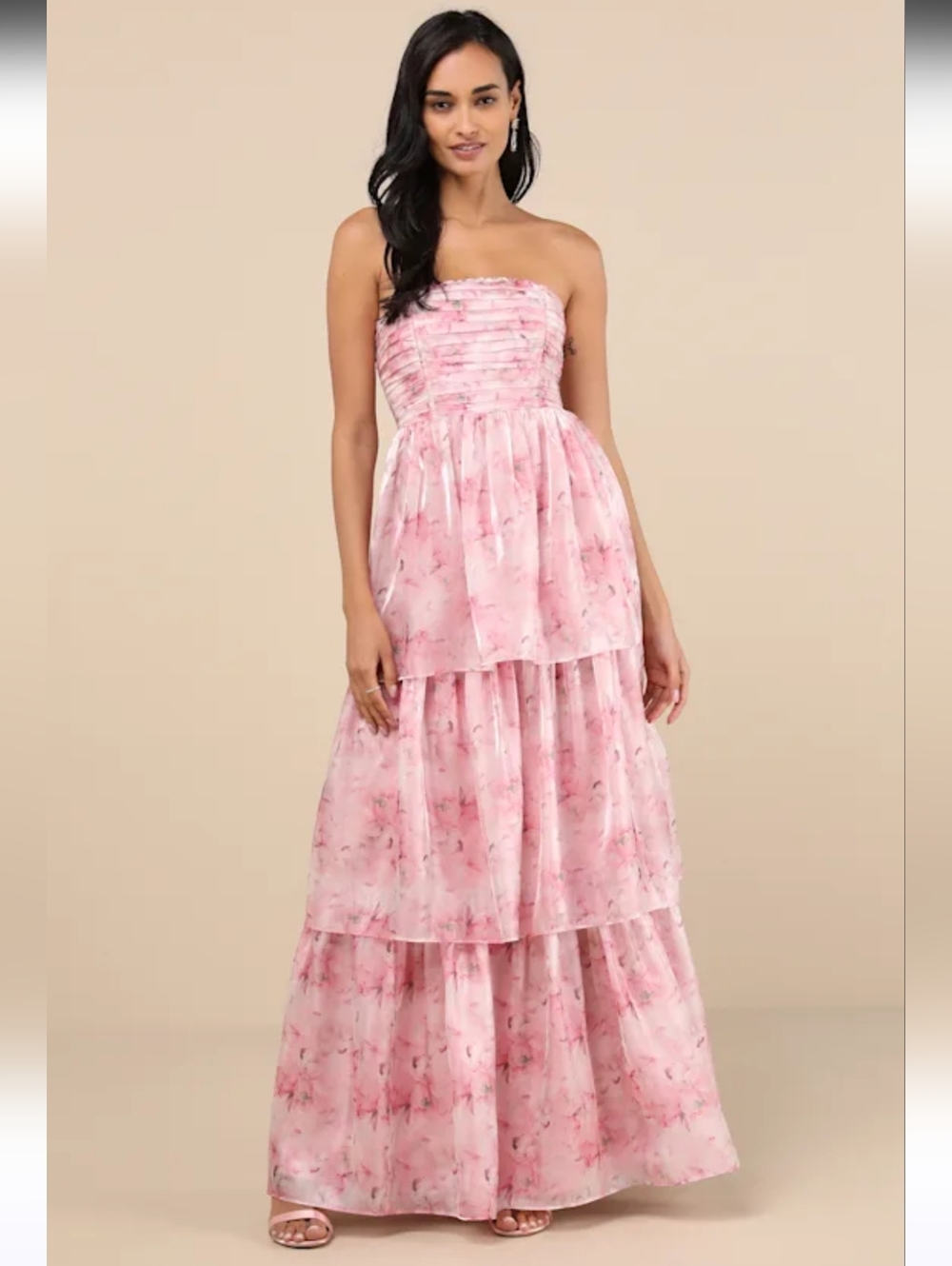 Lulus Kamella Pink Floral Pleated Strapless Tiered Maxi Dress Corset Romantic